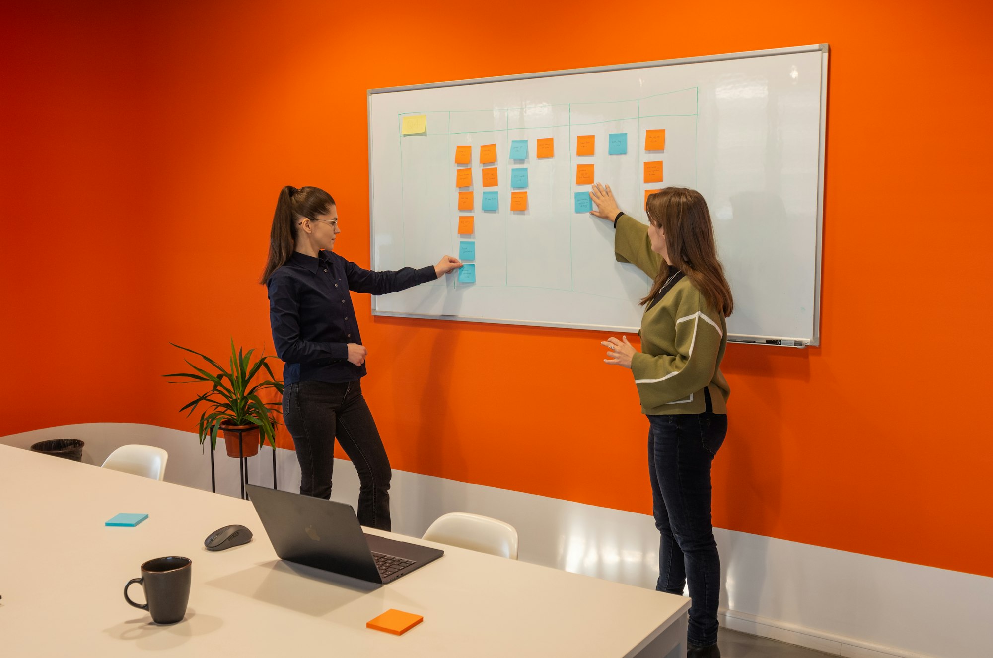 Customer service team discussing service standards on a whiteboard