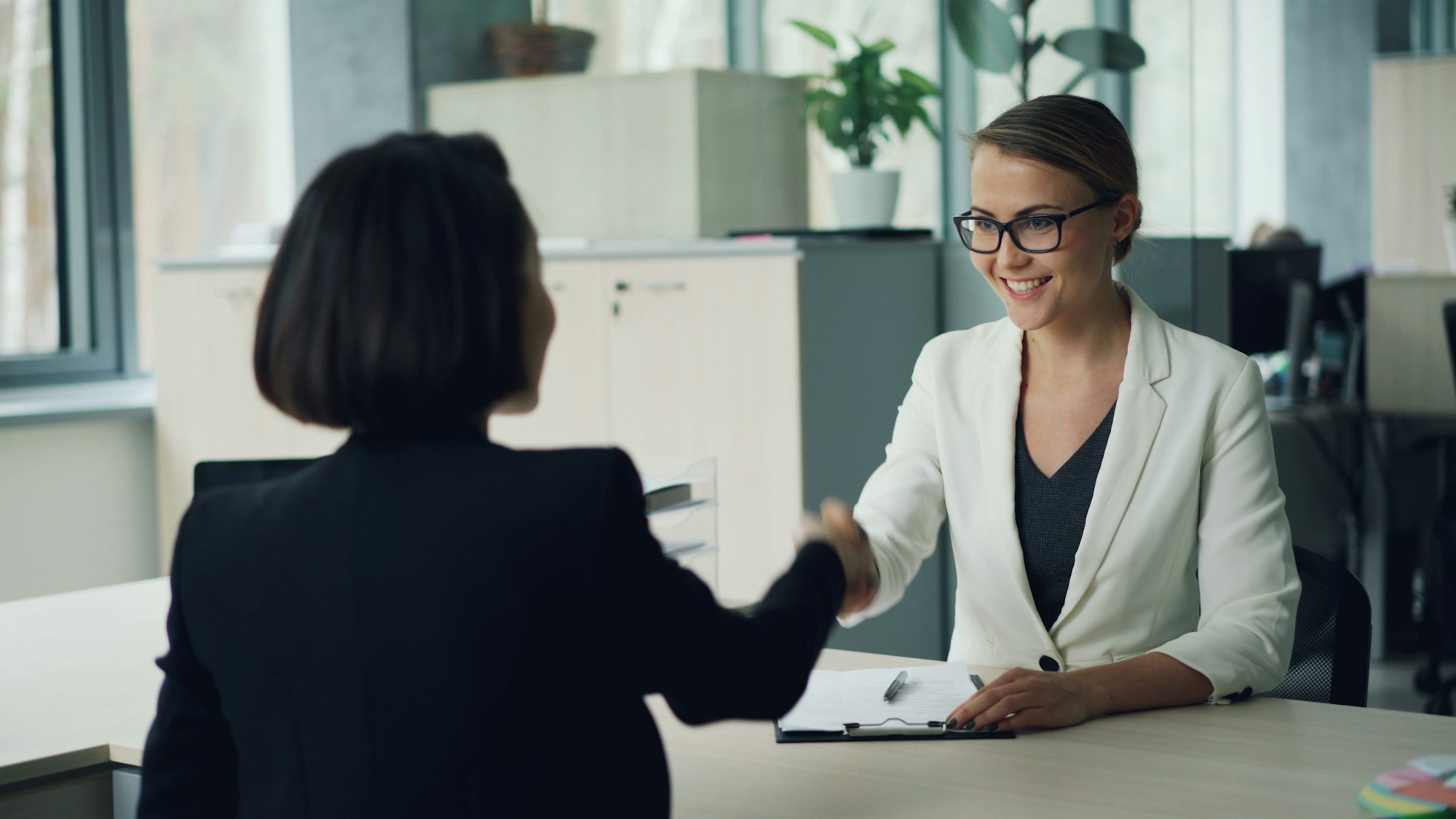 Two professionals in a job interview meeting